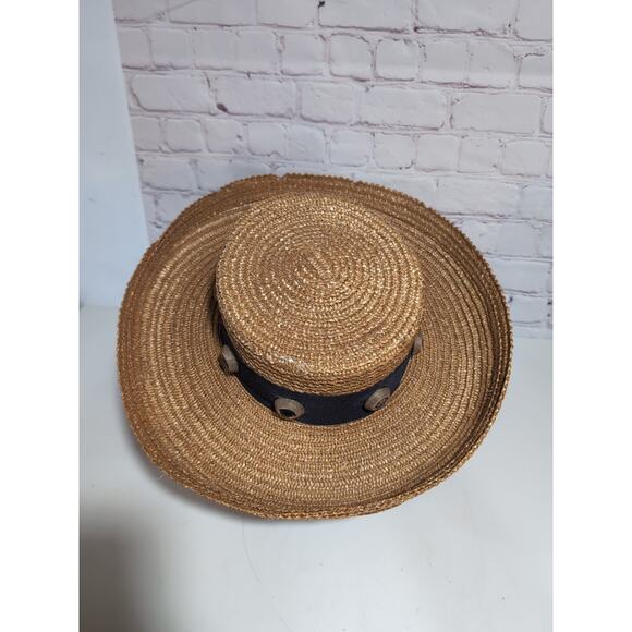 VTG Eric Javits Golden Straw Hat Sun Wide Brim Wide Band Brass And Stone Details - Picture 9 of 16